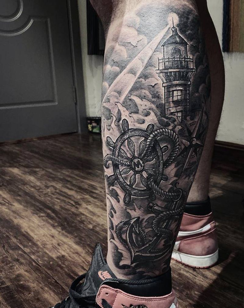 航海主题纹身图片_腿部欧美写实纹身图案