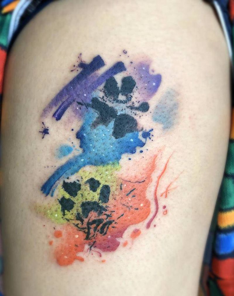 爪印纹身图片_腿部New School水彩纹身图案