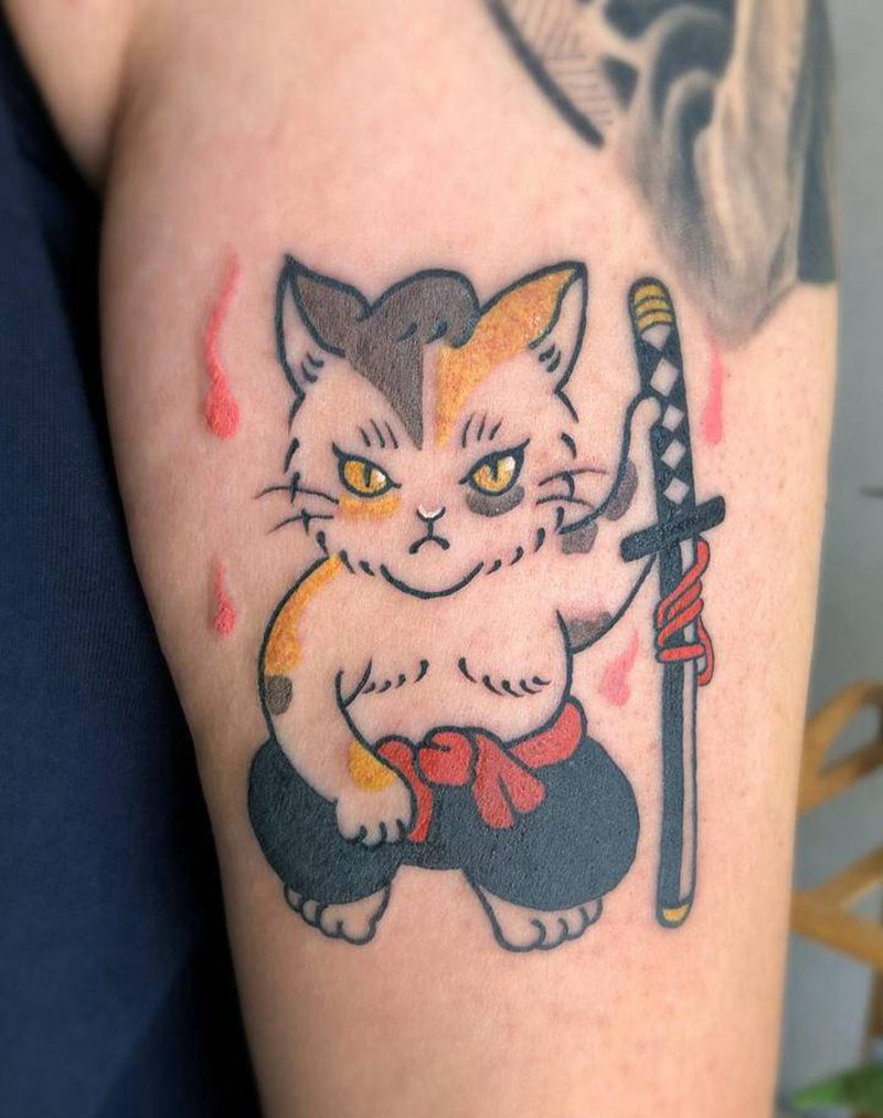 喵武士纹身图片_手臂老传统纹身图案