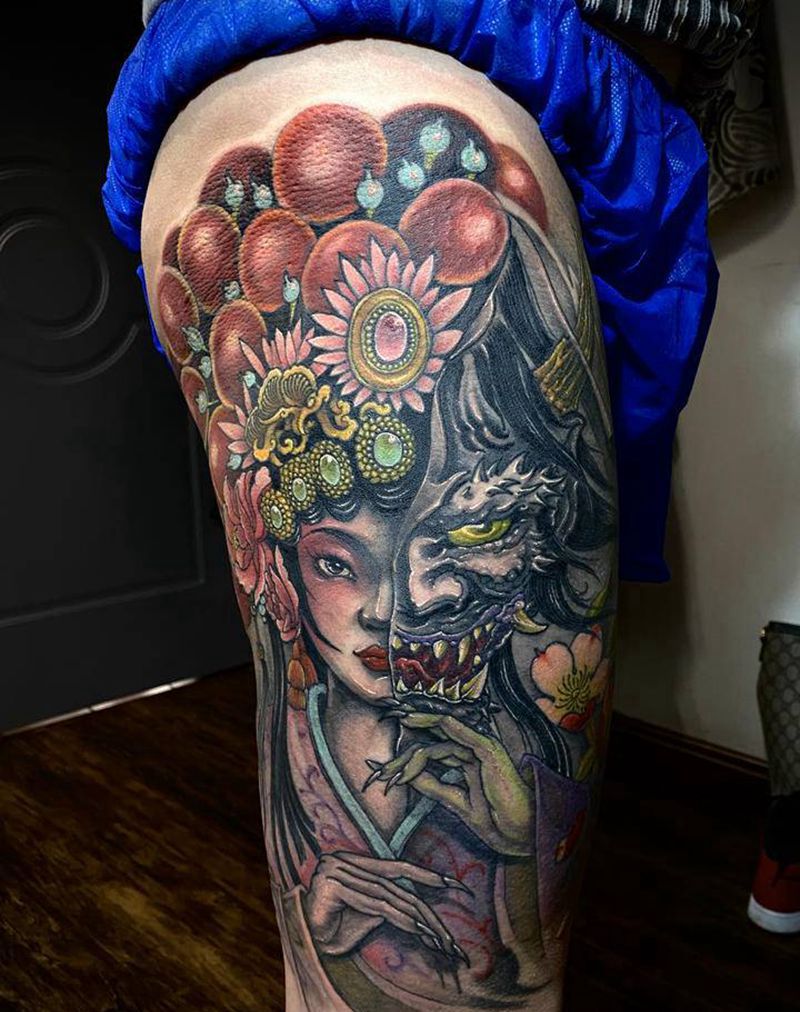 善与恶纹身图片_腿部新传统老传统纹身图案