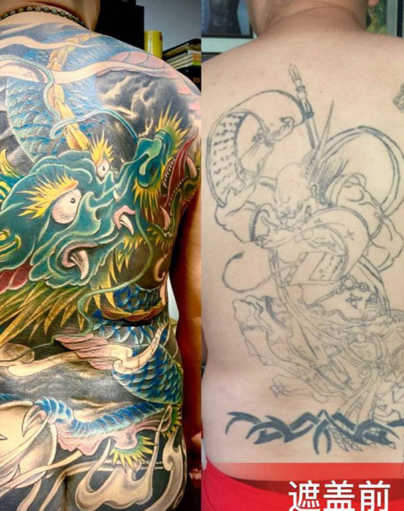 满背龙纹身图片_背部老传统新传统纹身图案