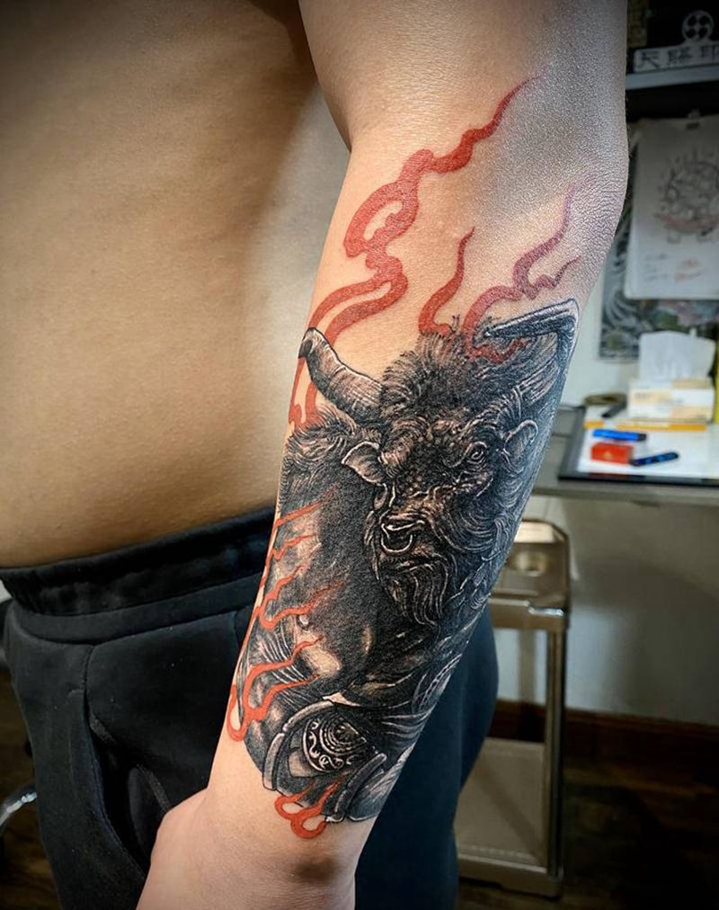 牛魔王纹身图片_手臂新传统欧美写实纹身图案