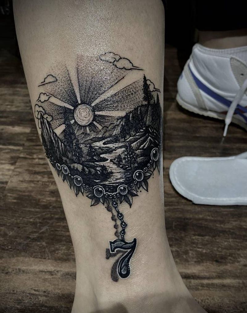 风景纹身图片_腿部点刺纹身图案