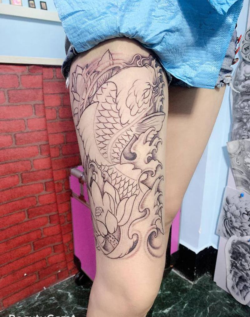 大腿鲤鱼未完成纹身图片_腿部新传统纹身图案
