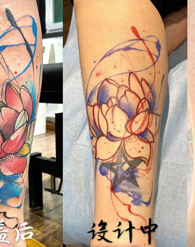 荷花纹身图片_腿部水彩纹身图案