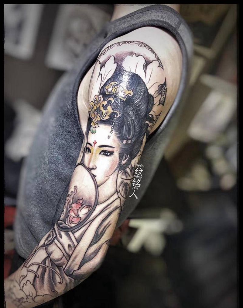 艺妓花臂未完待续纹身图片_手臂新传统纹身图案