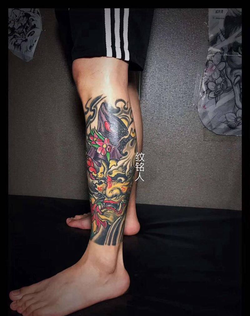 小腿般若恢复后纹身图片_腿部新传统纹身图案
