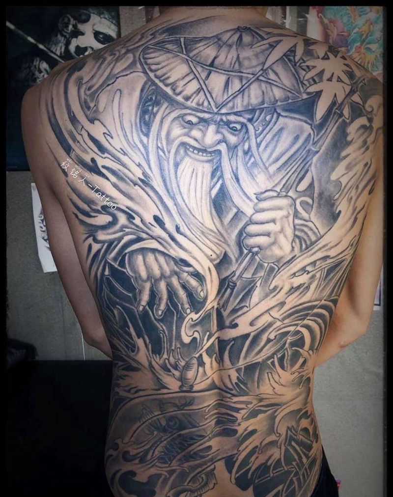 姜太公钓鱼恢复后纹身图片_背部新传统纹身图案