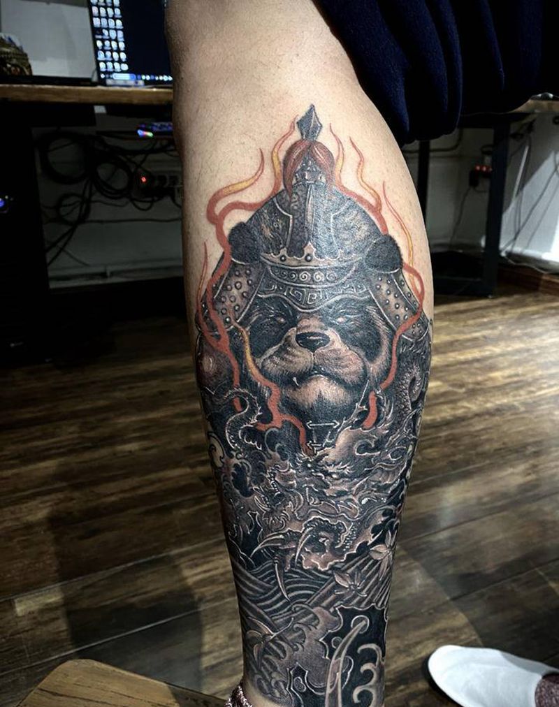 熊猫武将纹身图片_腿部新传统欧美写实纹身图案