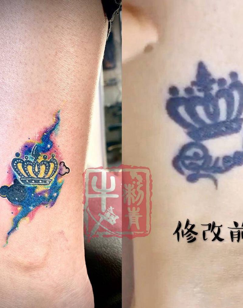 皇冠纹身图片_腿部脚部水彩纹身图案