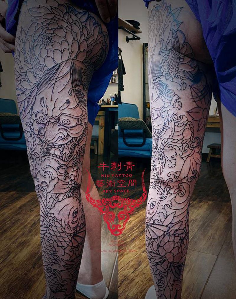 花腿未完待续纹身图片_腿部新传统纹身图案