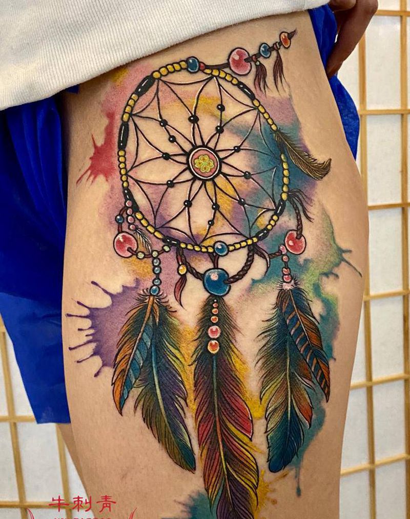 捕梦网纹身图片_腿部水彩纹身图案