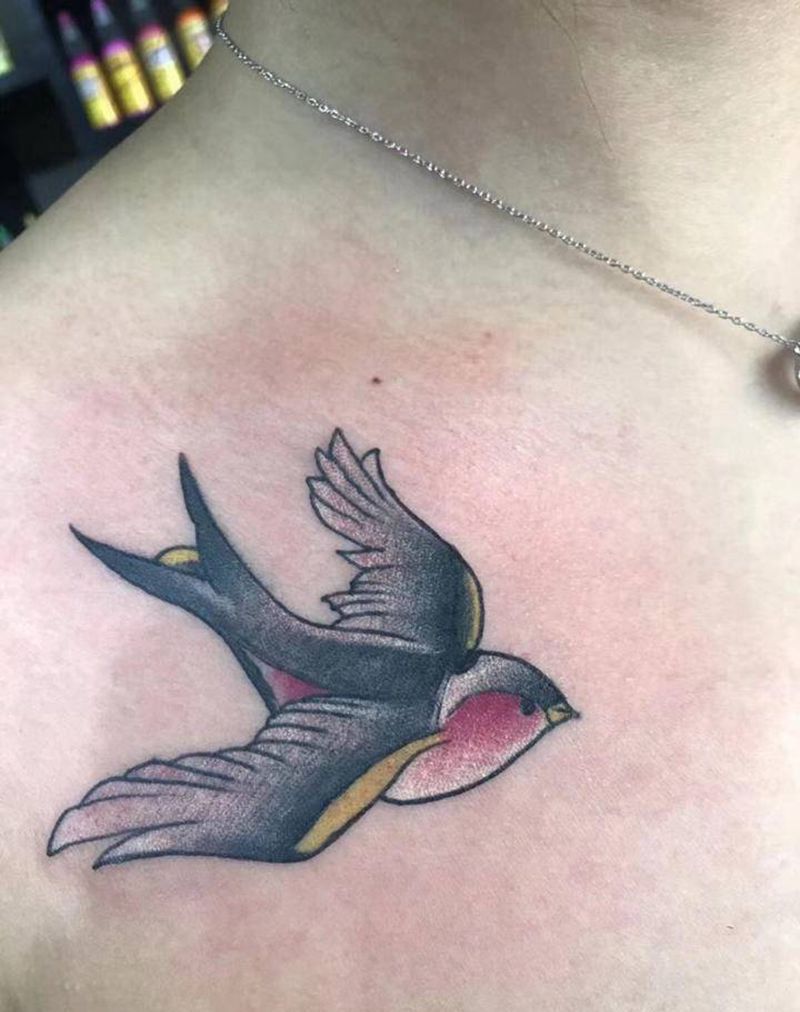 燕子遮盖纹身图片_胸部新传统纹身图案