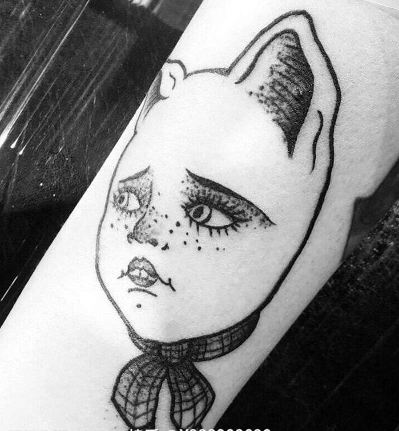 猫咪纹身图片_手臂新传统点刺纹身图案