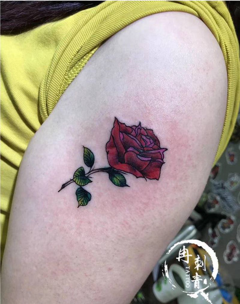 小玫瑰纹身图片_手臂肩部新传统水彩纹身图案