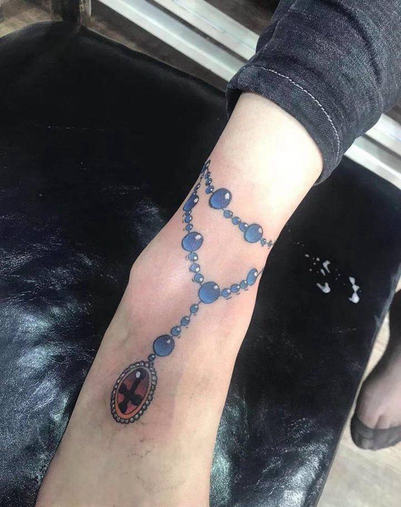 脚链纹身图片_脚部新传统水彩纹身图案