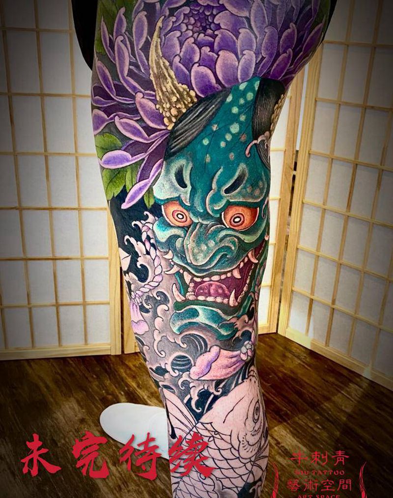 传统花腿纹身图片_腿部新传统老传统纹身图案