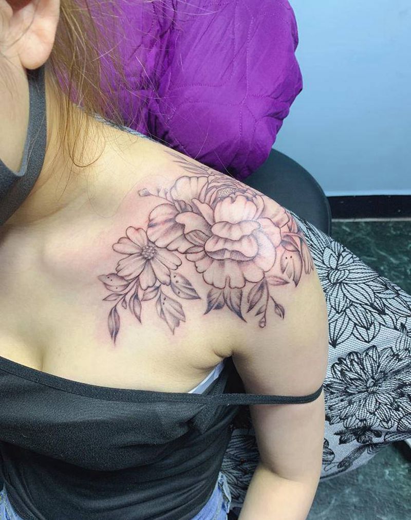 素花纹身图片_肩部颈部New School纹身图案