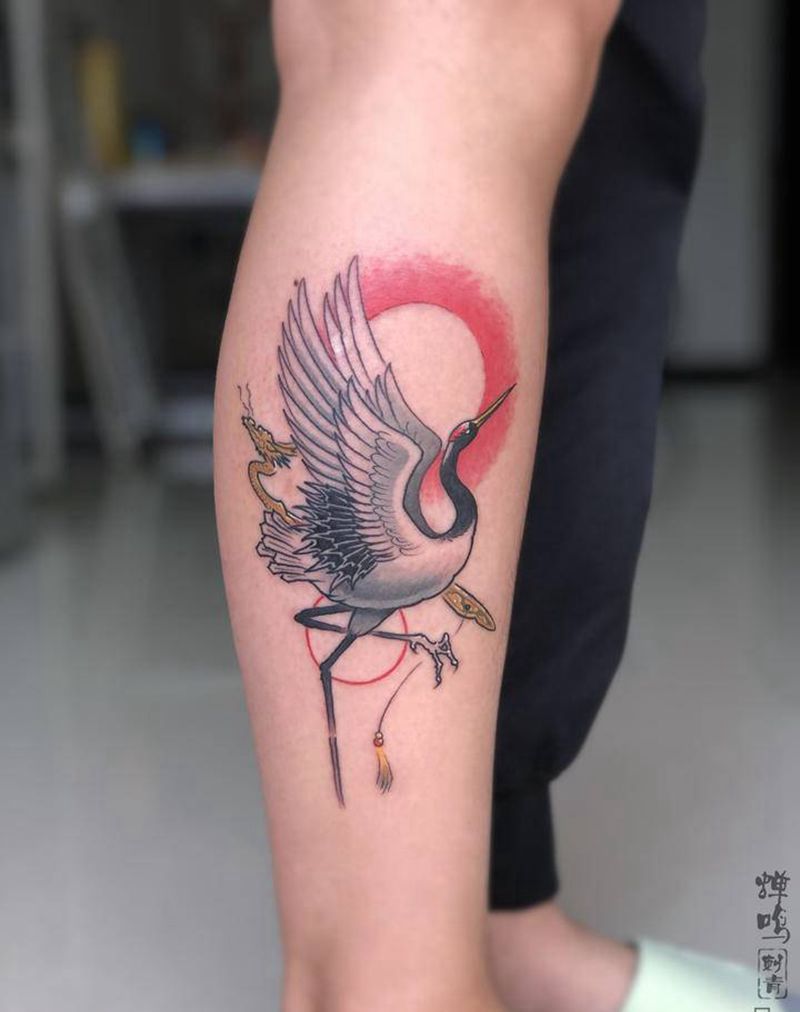 仙鹤纹身图片_腿部New School纹身图案