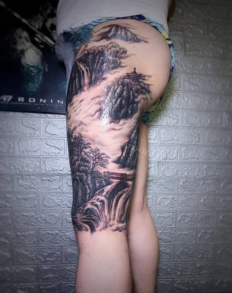 山水高山流水纹身图片_腿部新传统纹身图案