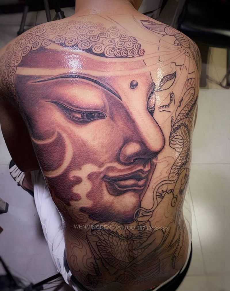 佛与龙 满背纹身图片_背部新传统纹身图案