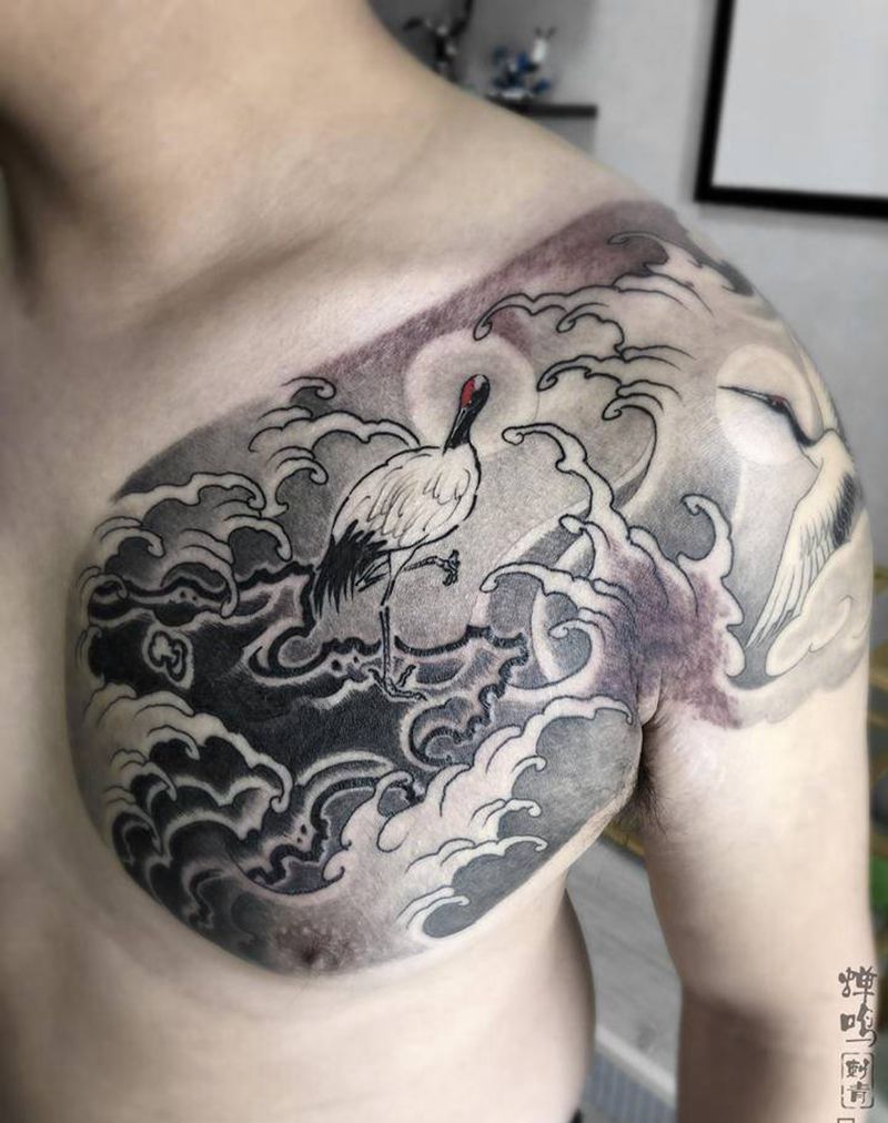 鹤和鹤纹身图片_胸部肩部新传统纹身图案