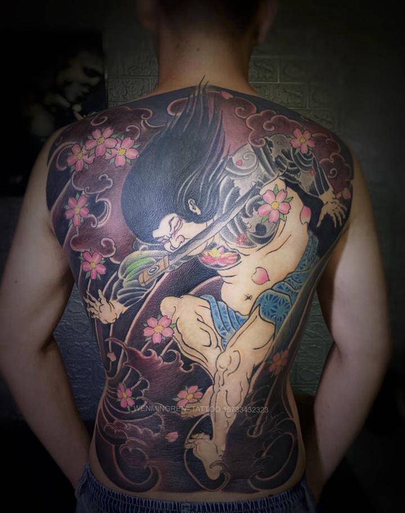 日式满背人物纹身图片_背部新传统老传统纹身图案