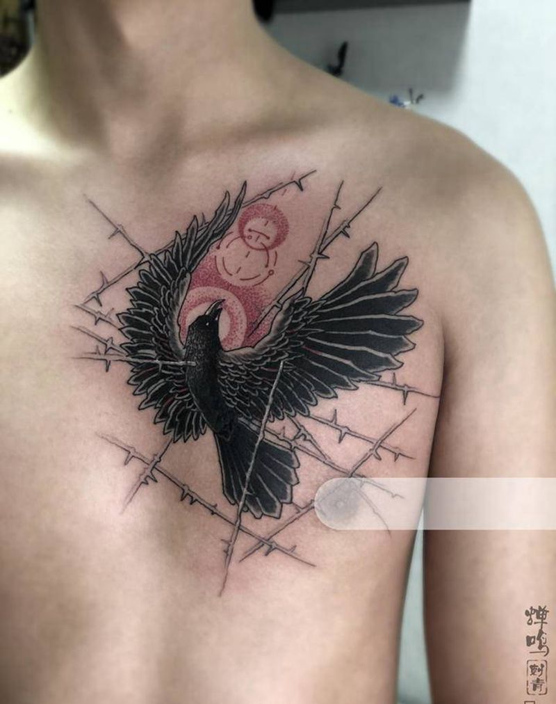 乌鸦纹身图片_胸部New School点刺纹身图案