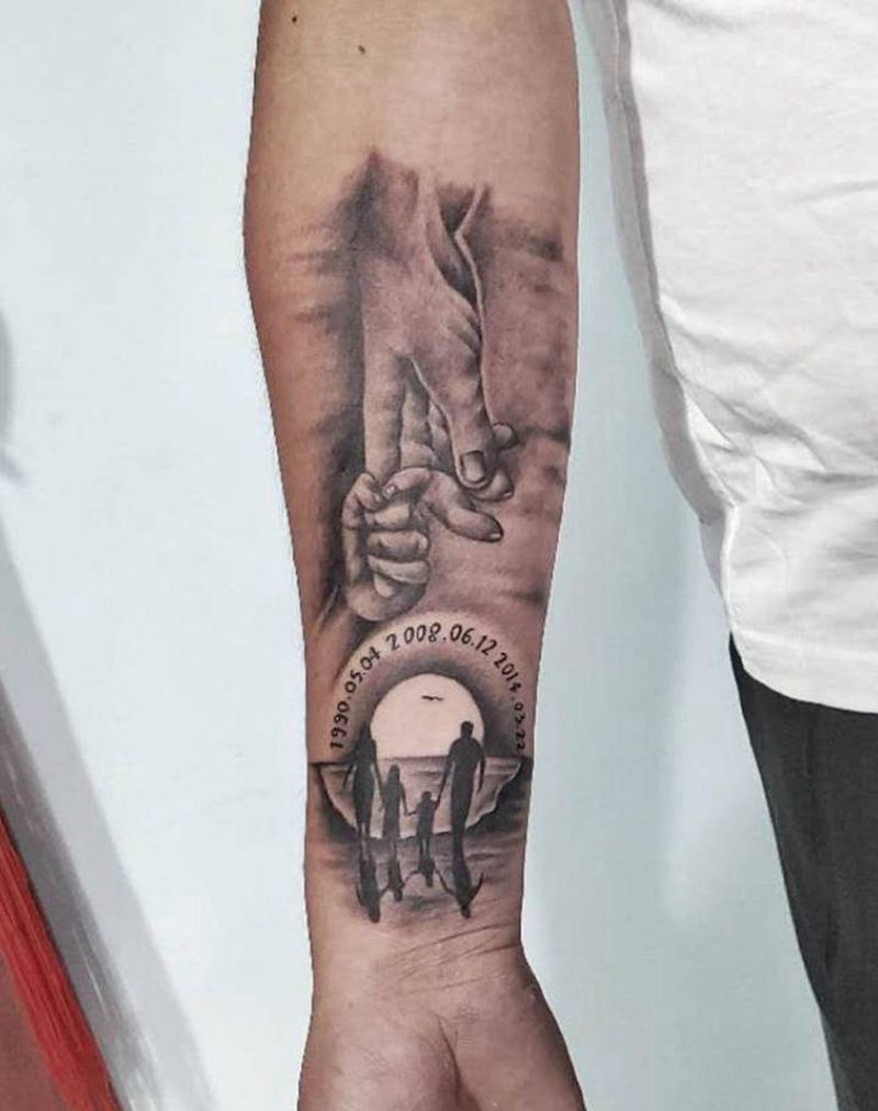 一家四口纹身图片_手臂欧美写实纹身图案