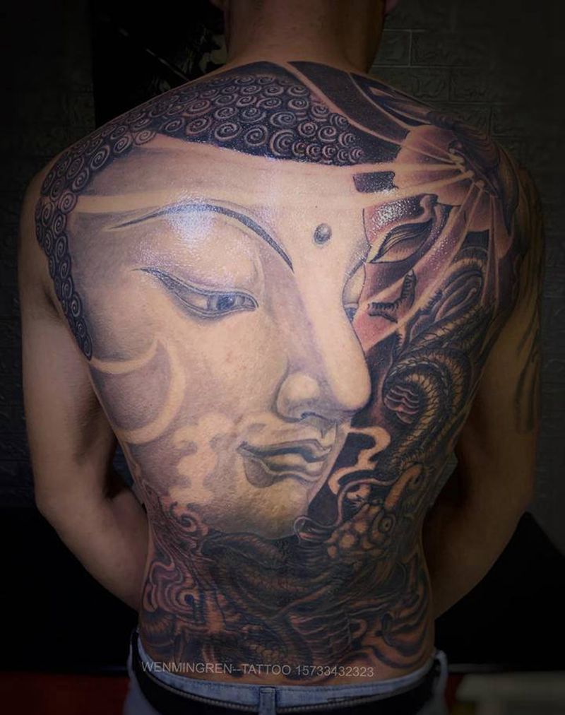 佛与龙纹身图片_背部新传统纹身图案
