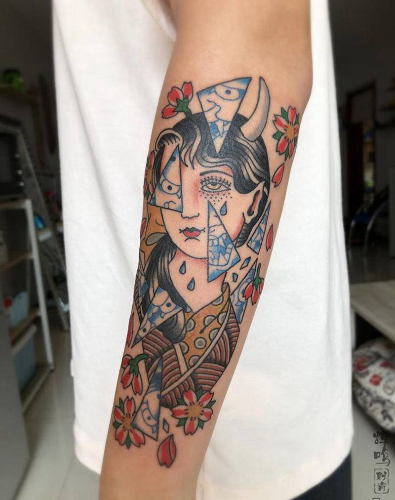 落泪少女纹身图片_手臂Old School纹身图案