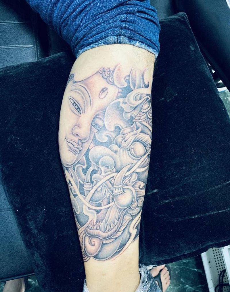 佛魔纹身图片_腿部新传统纹身图案