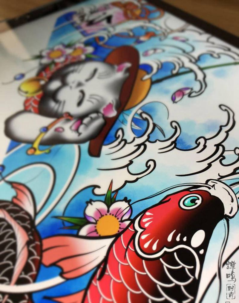 猫咪钓鱼纹身图片_腿部新传统纹身图案