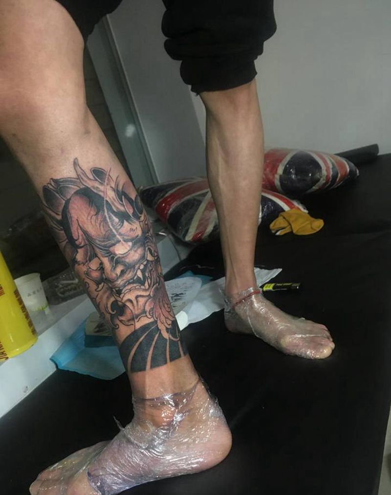 新传统般若纹身图片_腿部新传统纹身图案