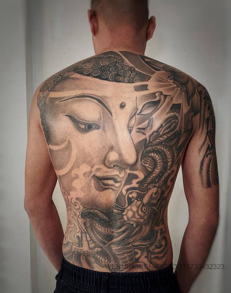 满背佛与龙纹身图片_背部新传统老传统纹身图案