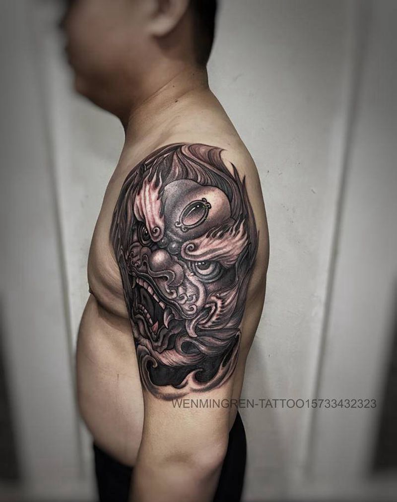 大臂唐狮纹身图片_肩部手臂新传统老传统纹身图案