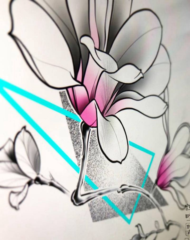 玉兰花纹身图片_手臂New School点刺纹身图案