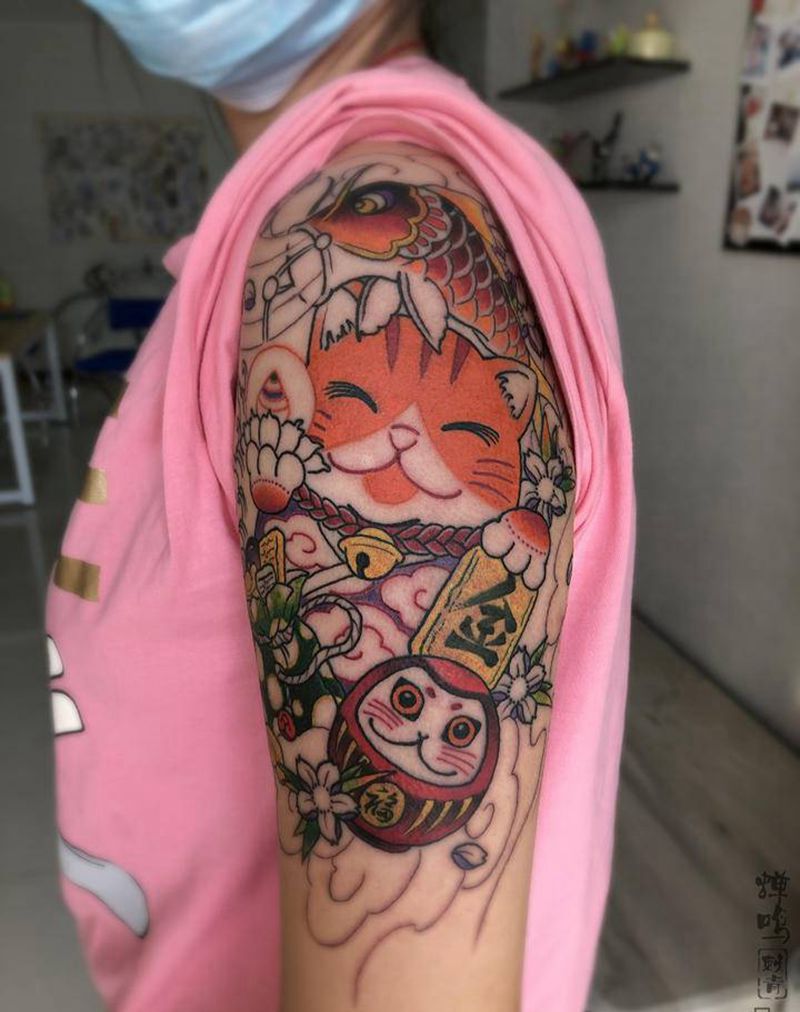 招财猫纹身图片_手臂新传统纹身图案