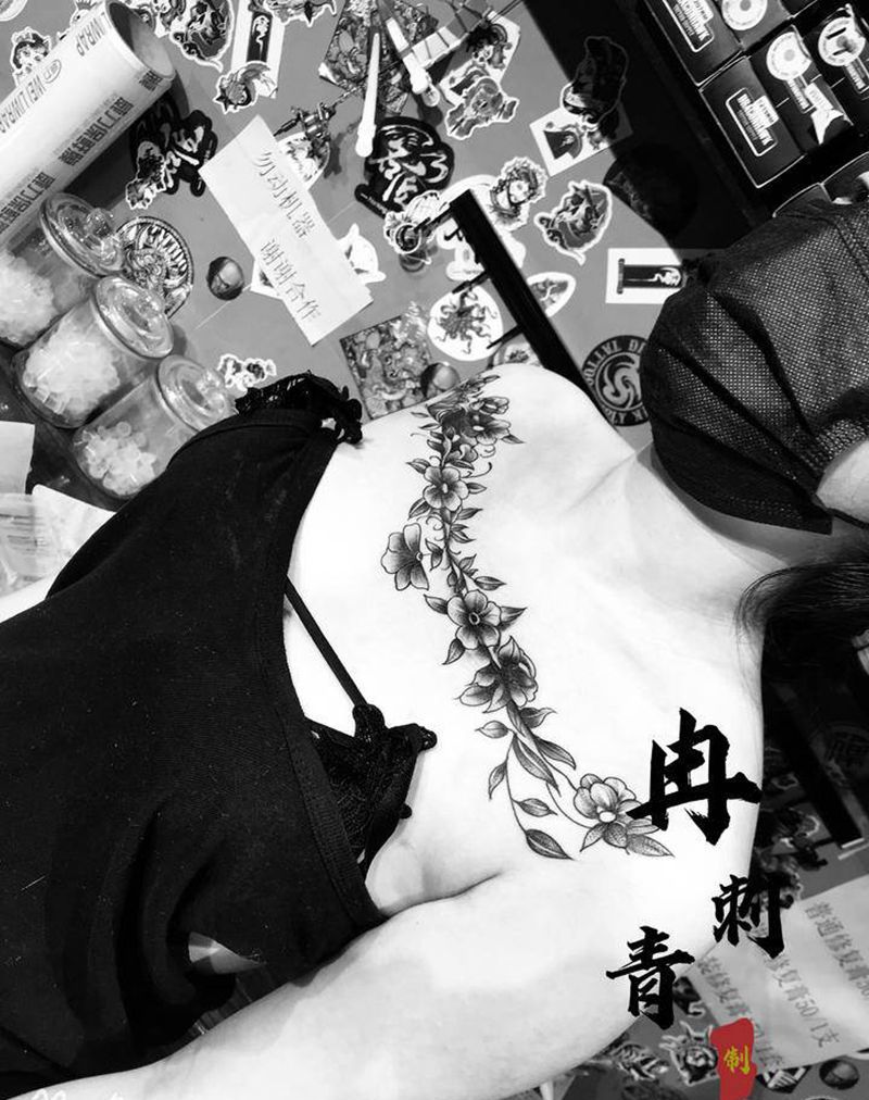 遮盖直线素花纹身图片_肩部胸部新传统纹身图案