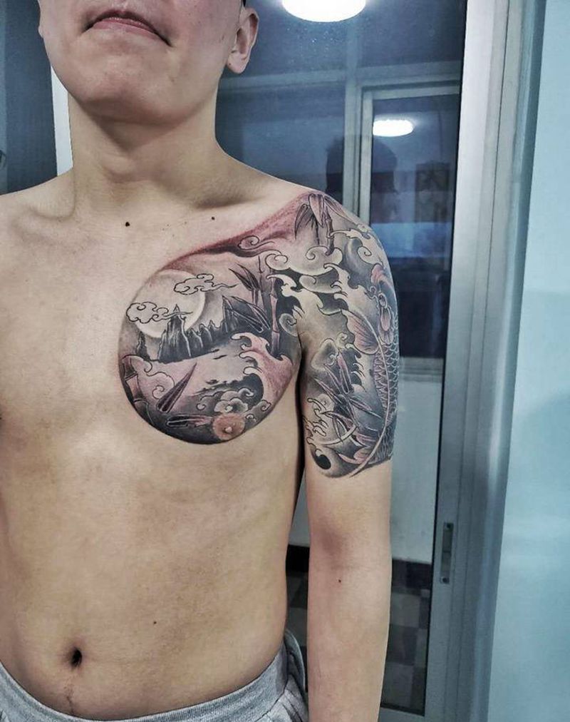 半甲鱼纹身图片_胸部手臂新传统鱼纹身图案