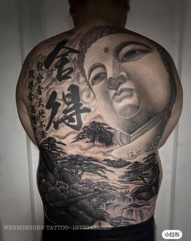 满背山水佛纹身图片_背部新传统纹身图案