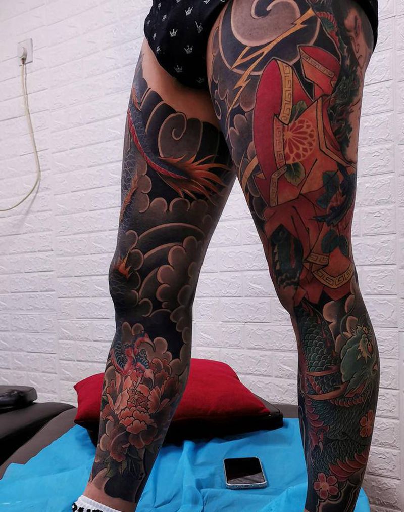 花腿纹身图片_腿部老传统纹身图案