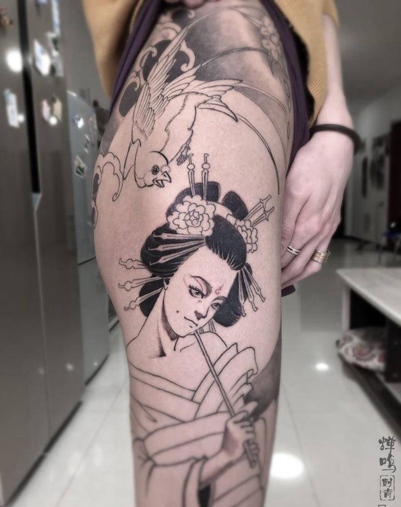 艺妓纹身图片_腿部新传统纹身图案