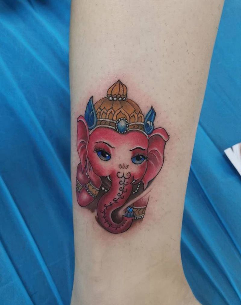 小象纹身图片_腿部老传统纹身图案