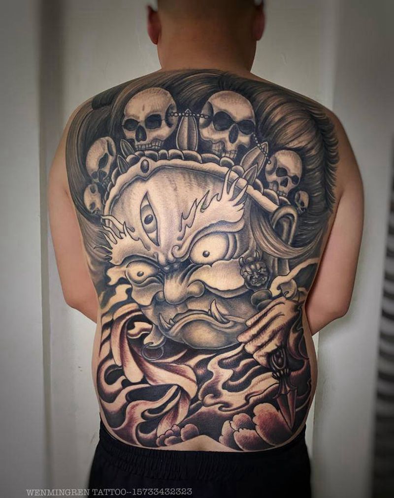 大黑天满背纹身图片_背部新传统老传统纹身图案