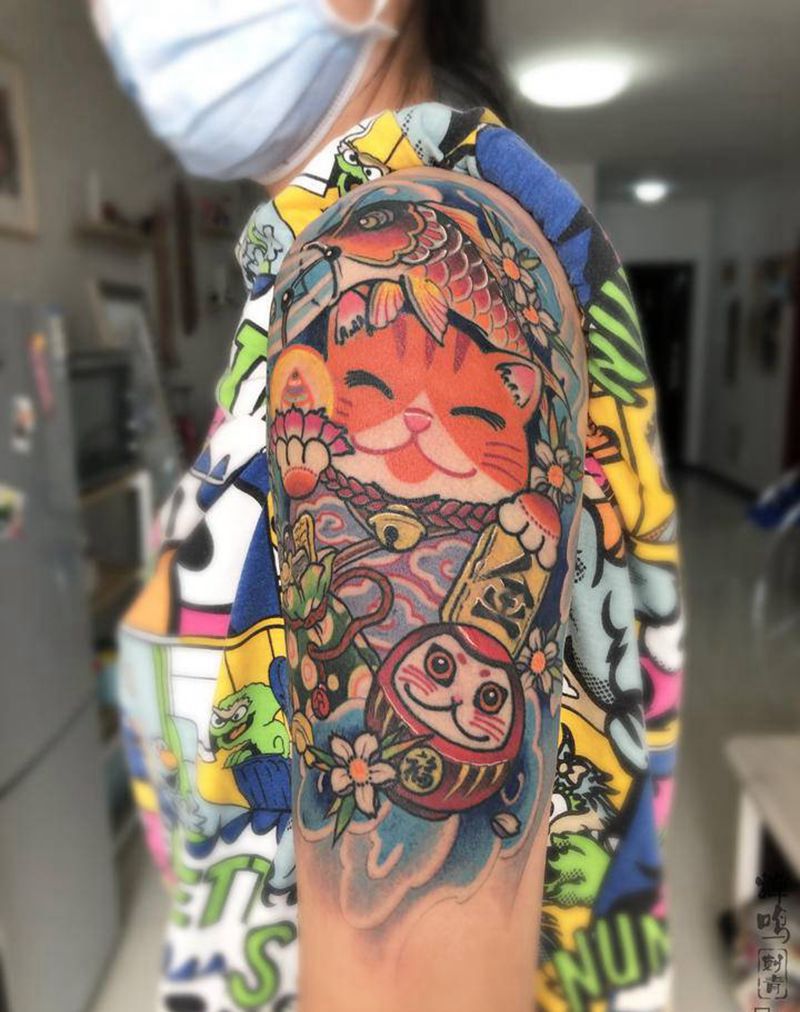 招财猫纹身图片_手臂New School纹身图案