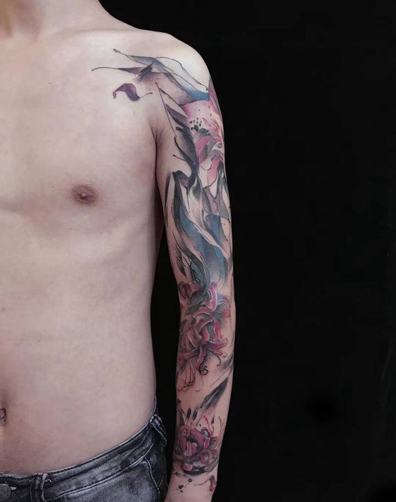 赤狐彼岸花纹身图片_手臂水墨纹身图案