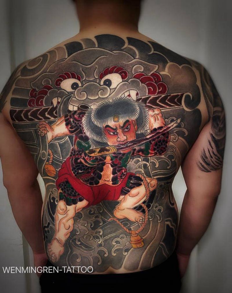 满背张顺破水门纹身图片_背部老传统新传统纹身图案