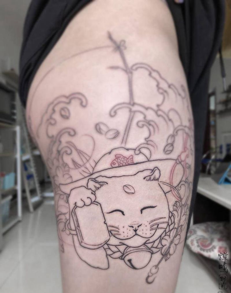 招财猫纹身图片_腿部新传统纹身图案