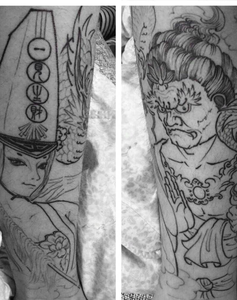 白无常与不动明王纹身图片_成品腿部传统人物宗教原创纹身图案